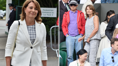 We want Carole Middleton's check two piece with cinched white blazer for our spring wardrobes