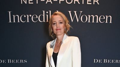 Gillian Anderson stuns in pearl white power suit as she creates trio of icons with Kate Winslet and Michaela Coel