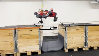 Watch a 'robot dog' scramble through a basic parkour course with the help of AI