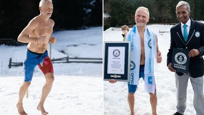 Watch topless man breaking record for barefoot half marathon on ice