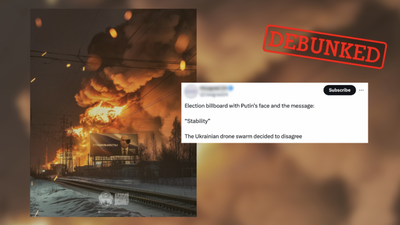 This image of an explosion behind Putin’s 'stability' billboard is literally too good to be true