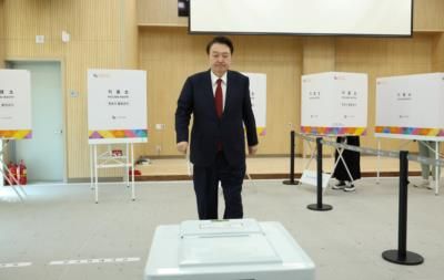 South Korea's Yoon Participates In Early Voting For Elections