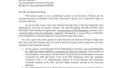 In open letter, sacked Sanskrit university Vice Chancellor blames Kerala Governor for his removal