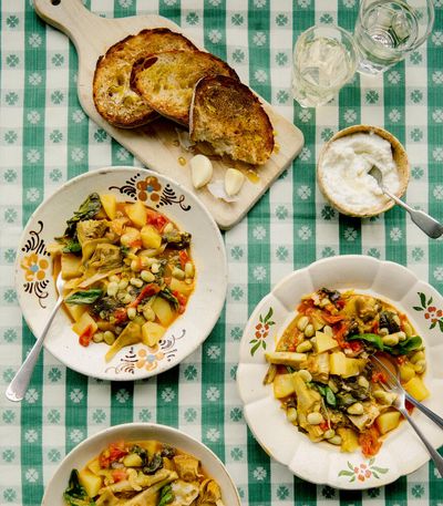Rachel Roddy’s recipe for scafata, or Roman spring vegetable stew