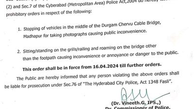 Cyberabad police issues restrictions on stopping vehicles on Durgam Cheruvu Cable Bridge