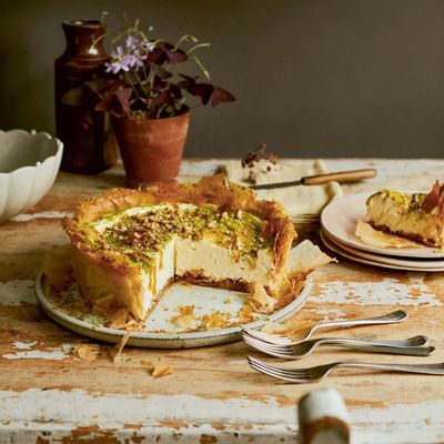 Sticky aubergine tart, sea bass with pistachio pesto, baklava cheesecake – Greekish recipes by Georgina Hayden