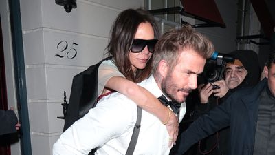 Victoria Beckham leaves her 50th birthday bash in style with a piggyback from David - and there was a Spice Girls reunion, too