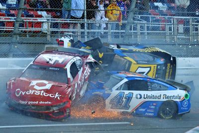 NASCAR driver Corey LaJoie’s car crossed the Talladega finish line on its side and flipped after a huge wreck