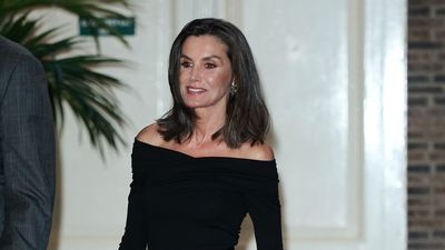 Queen Letizia's sultry yet chic bare shoulder look features the satin skirt of dreams