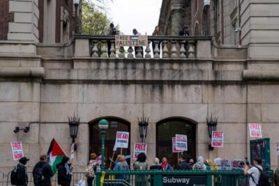 Protesters Disrupt House Speaker's Press Conference At Columbia University