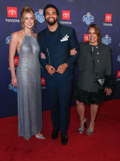 Caleb Williams Shows Off Custom Navy Suit and New Girlfriend Alina Thyregod at the NFL Draft