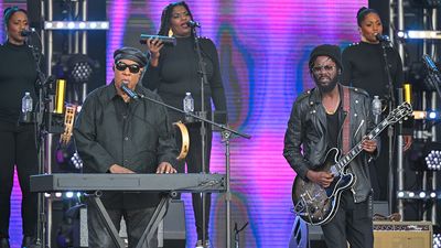 Stevie Wonder flexes his Clavinet chops as he hits the stage with Gary Clark Jr to perform What About The Children