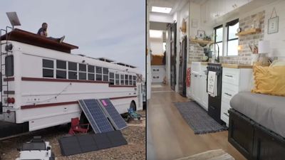 This Raised-Roof School Bus Camper Has a Race Track Painted on the Floor