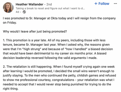 Gender Discrimination Forced This Senior Manager To Resign 72 Hours After Being Promoted
