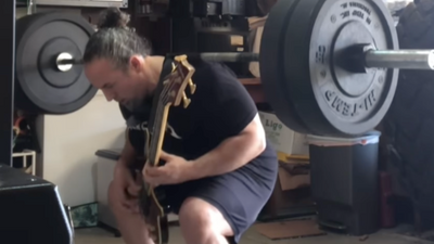 Watch man play Metallica's Pulling Teeth bass solo while squatting 225lbs. Definitely DO NOT try this at home