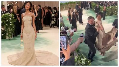 Tyla had to be CARRIED up Met Gala stairs in sculpted sand gown - WATCH viral video