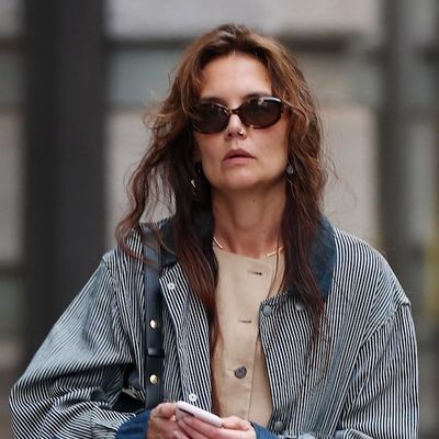 Katie Holmes Mixes the Barn Jacket Trend With a Tailored Vest