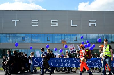 Hundreds Protest Outside German Tesla Factory
