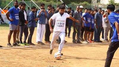 Amid poll campaigning, Telangana CM Revanth playing football at the Central University in Hyderabad