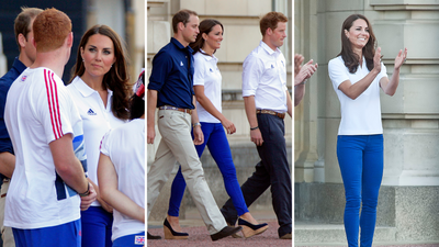 Kate Middleton's vibrant skinny jeans and super high wedge heels were her casual yet polished addition to a crisp white polo