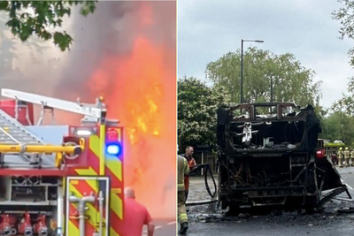 London bus destroyed after being engulfed by huge fire on suburban street