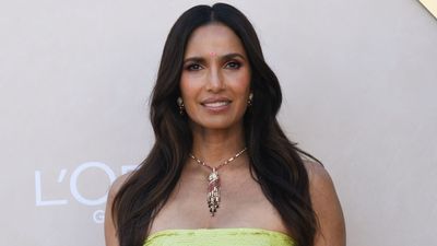 Padma Lakshmi's open shelves act as a two-in-one storage and decor solution – and they're painted this bold hue