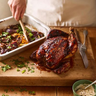 Pomegranate chicken, roasted onions, tahini recipe by Sam Lone