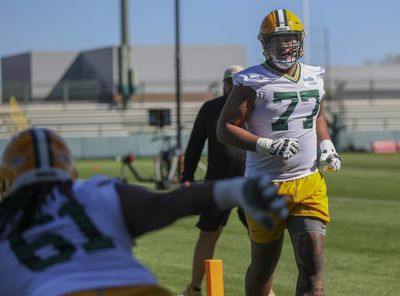 Packers first-round pick Jordan Morgan gets reps at left guard during OTAs
