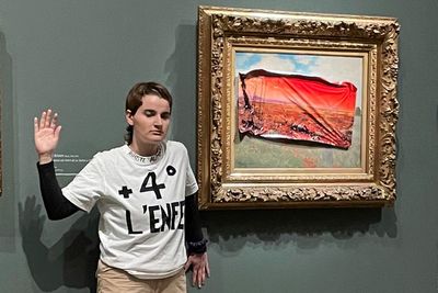 A climate activist in Paris stuck a protest poster on Monet's 'Poppy Field'