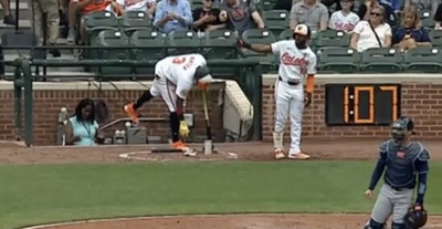 The Orioles’ Jorge Mateo left the game after Cedric Mullins accidentally hit him on the head with a bat