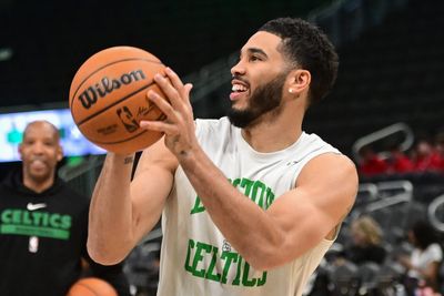 Jayson Tatum joking around after a Boston Celtics practice