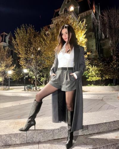 Victoria Justice Stuns In Timeless Grey Coat With White Accents