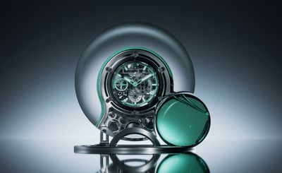 Hublot and Daniel Arsham unveil a futuristic pocket-watch-and-table-clock hybrid