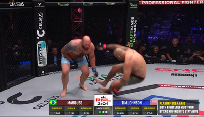 MMA heavyweight avoids TKO by kicking opponent square in the beans