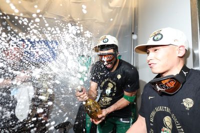 JD Davison gets a beer shower celebrating the Boston Celtics’ 2024 NBA Finals win