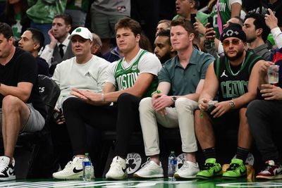 Patriots QB Drake Maye reacts to Boston Celtics championship win