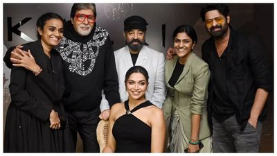 Kalki 2898 AD: Amitabh Bachchan, Kamal Haasan and Prabhas stand behind pregnant Deepika Padukone as they pose for a group photo