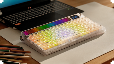 Mechanical keyboard with see-through chassis, LED matrix, TFT display, scroll wheel, and panic lever becomes instant Kickstarter success