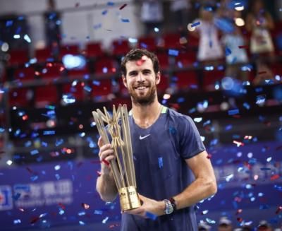 Karen Khachanov Celebrates Victory With Trophy In Hand