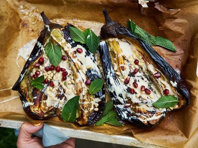 Up your grill game: Sticky tahini and sweet chilli aubergines