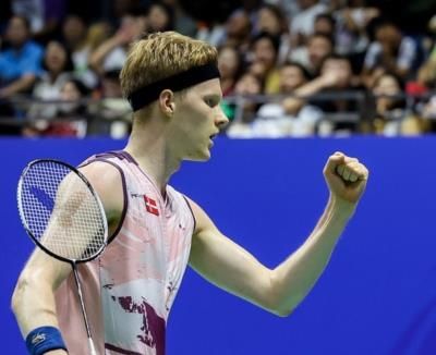 Anders Antonsen Showcasing His Skills In A Competitive Badminton Match