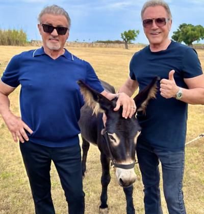 Sylvester Stallone And Frank Stallone Pose With Donkey Playfully