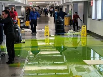 Bright green liquid gushes from ceiling at Miami International Airport on July 4