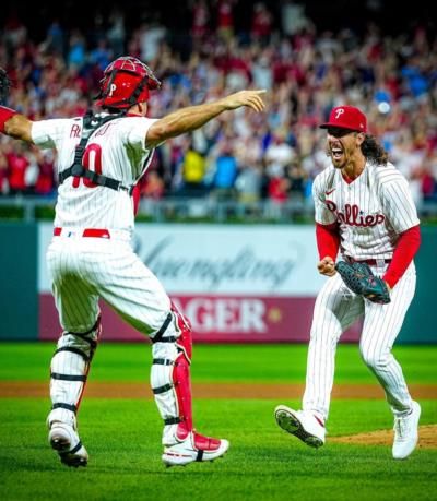 Michael Lorenzen Celebrates Victory With Baseball Teammates