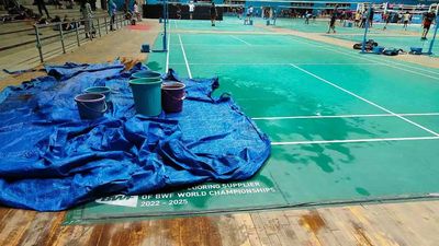 Welcome to Mankapur sports complex waterfall as Indoor stadium leaks again