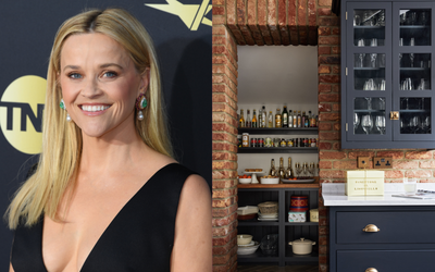 Reese Witherspoon's 'Balanced' Kitchen Cabinets Embrace a Huge Color Trend That Pairs Perfectly With Brickwork