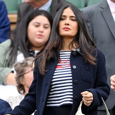 Salma Hayek Perfects Wimbledon Chic by Pairing a $3,500 Tweed Blazer With a Striped Gucci Shirt