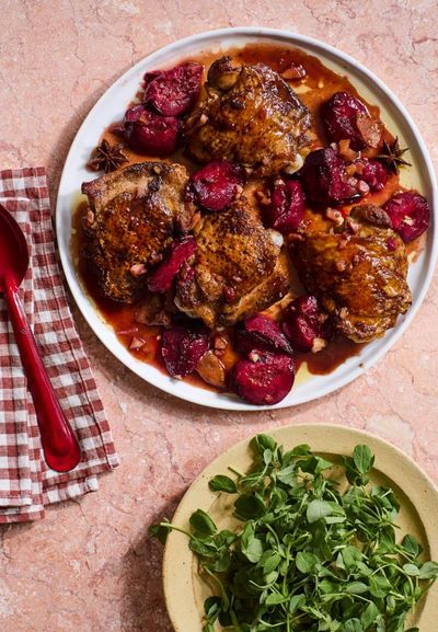 Georgina Hayden’s quick and easy recipe for crispy chicken, plums and star anise