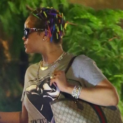 Rihanna Pairs a $1,750 Gucci Tote With Metallic Sweatpants and Puma Sneakers