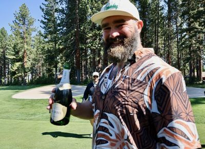 Jason Kelce wins American Century Championship’s Long Drive Competition, celebrates with bubbly